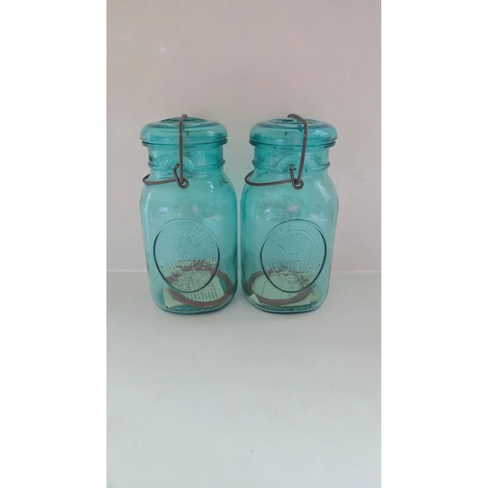 Ball Ideal Bicentennial Aqua Blue Glass Jars Wire Bail Set of 2 1776-1976